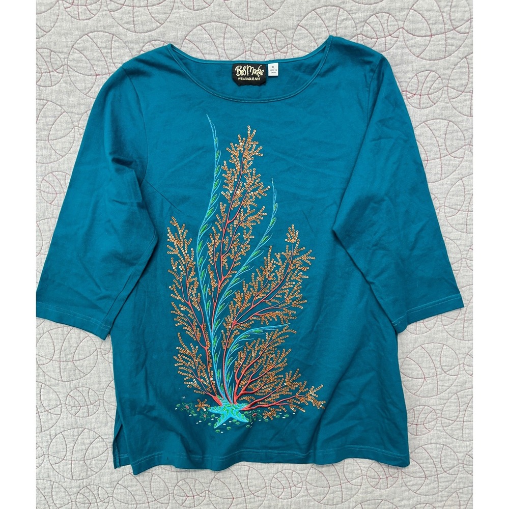 Bob Mackie Wearable Art T-Shirt Teal Sequin Coral Embroidered / Womens XL